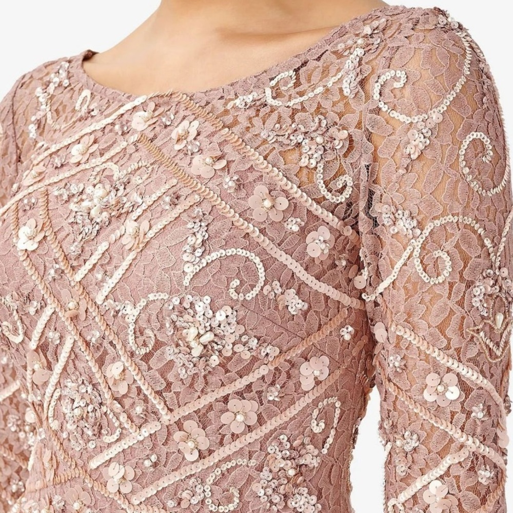 Adrianna Papell Boat Neck 3/4 Sleeves Back Zipper Midi Beaded Dress-ROSE… - Picture 4 of 11
